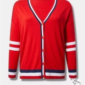 Torrid Vivid Red Cardigan with Navy and White Stripes